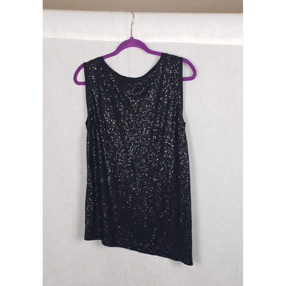 Eileen Fisher Blouse Top 2X Black 100% Silk Sequin Asymmetric Hem Party Holiday - Picture 2 of 7